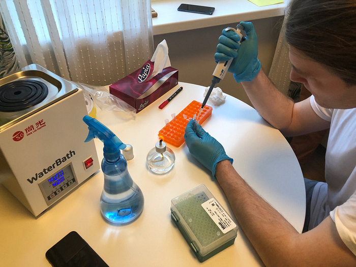 Two labeled tubes with yeast and transformation mix on the bench, plasmid vial nearby