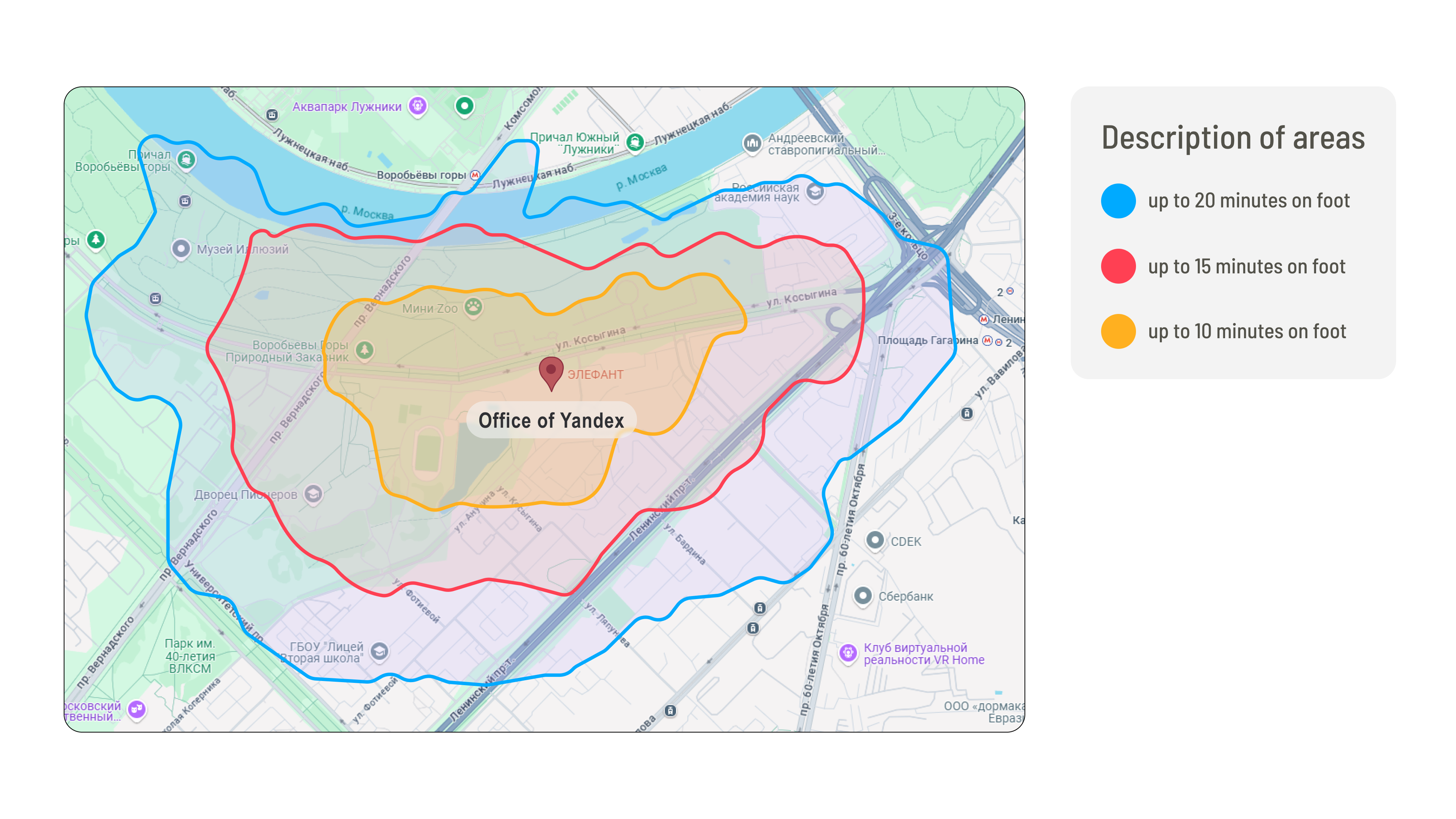 Walking time heatmap around the new office location